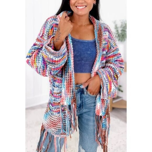 NWOT POL Knit Tassel Fringe Colorful Open Front Cardigan Sweater Cozy Oversize S - Picture 1 of 6